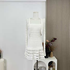 浮云织梦立体镂空 纯欲针织抹胸连衣短裙开衫两件套