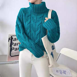 韩版高领套头毛衣女宽松粗毛线复古麻花针织衫加厚学生秋冬毛衣女