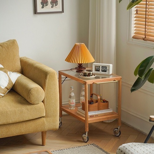 Nordic solid wood sofa side table, small apartment living room cherry wood glass tea table, Japanese style movable small cart with wheels