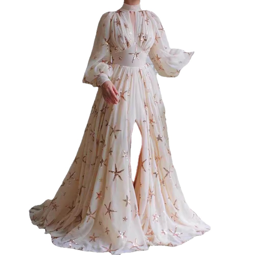 Robe transfrontalière Amazon en mousseline de soie, col mi-haut, manches lanternes fendues, pleine longueur, nouvelle collection 2026
