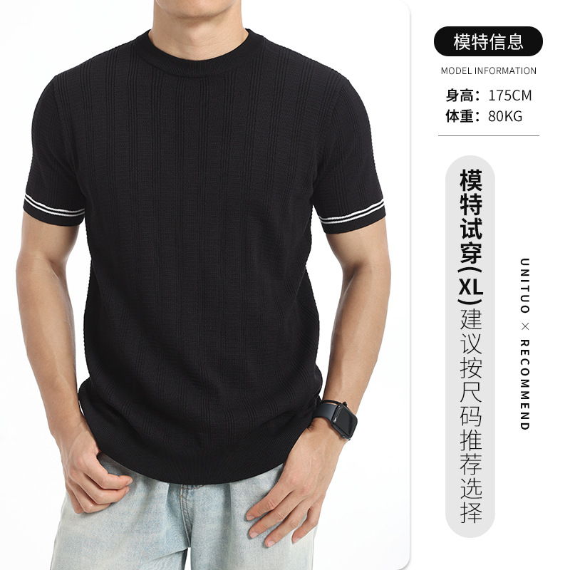 Europa y América transfronterizos hombre hielo tejido camiseta de manga corta cuello redondo textura vertical borde de color contraste chaqueta casual de negocios para hombre