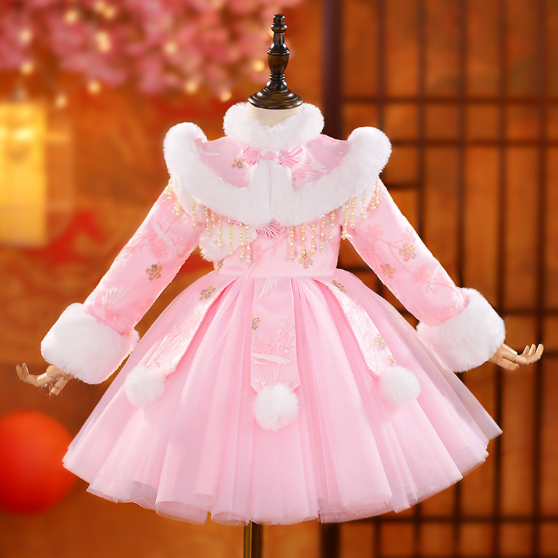 Little Girl's Han Dynasty New Year's Greetings Dress Fleece-Lined Warm Cheongsam Little Girl Princess Dress New Chinoiserie Dress New Year's Style
