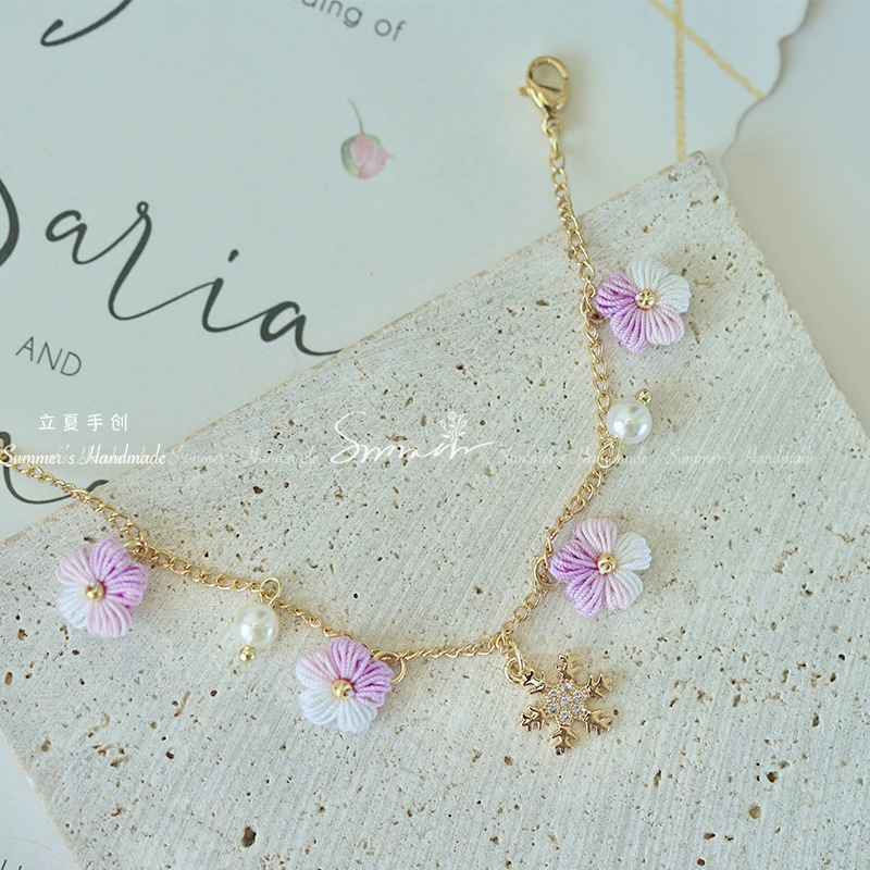 Micro Hook Bracelet Finished Puff Flower Bracelet Earrings Handmade Crochet Micro Hook Earrings Original Design Fresh