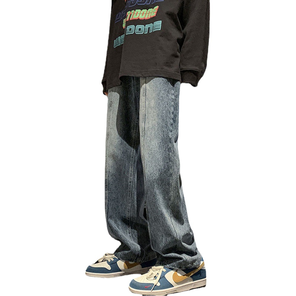 Pantalones de hiphop americanos marca de moda de invierno High Street Fashion jeans negros y grises pantalones de pierna ancha de drapeado recto suelto de los hombres