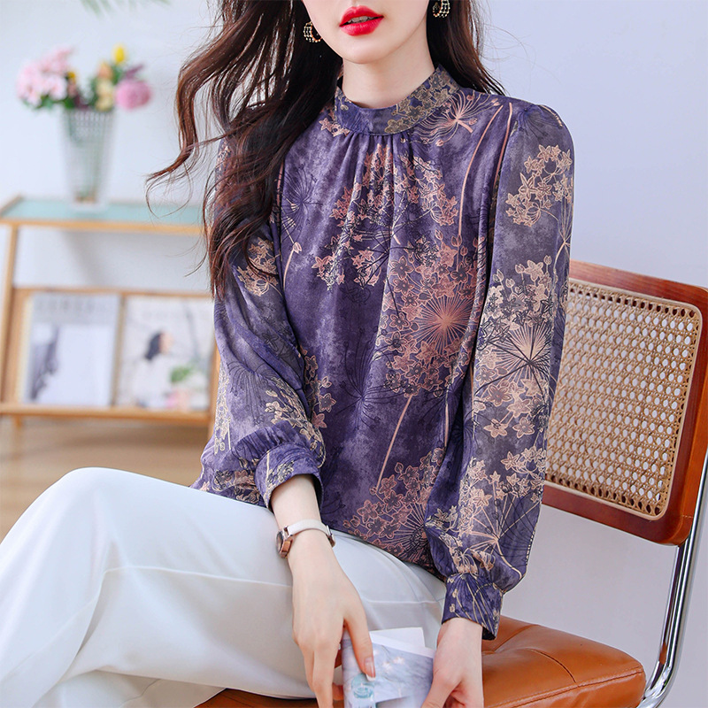브랜드 실크 셔츠 여성의 가을 새로운 긴팔 티셔츠 탑 하이 엔드 뽕나무 실크 작은 셔츠 패션 프린트 셔츠
