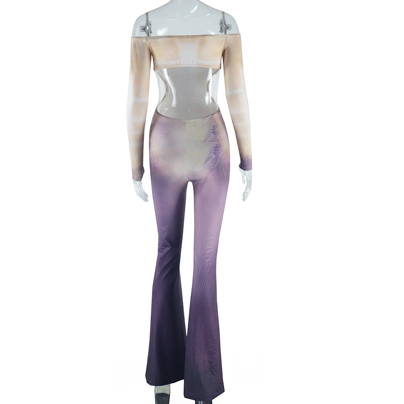 Women Clothing Gradient Printing Jumpsuit Sexy off Shoulder off Neck Backless Sleeve One Piece Trousers