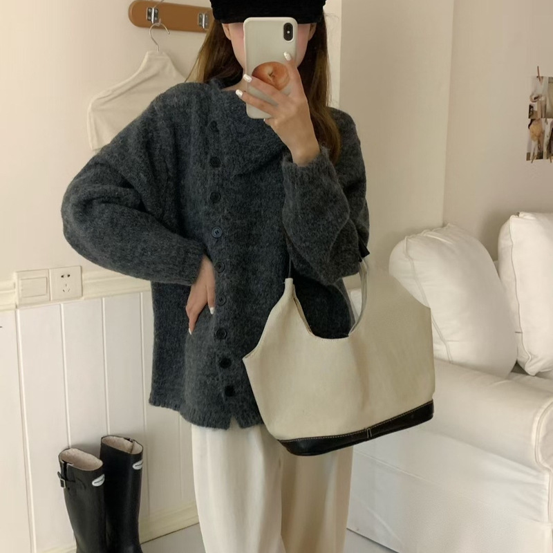 慵懒松弛感斜襟纽扣翻领毛衣女秋冬韩版设计感宽松软糯针织衫上衣|undefined