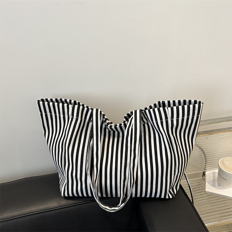 Casual Retro Artistic Large Shoulder Bag Striped Tote For Women_voghion.com
