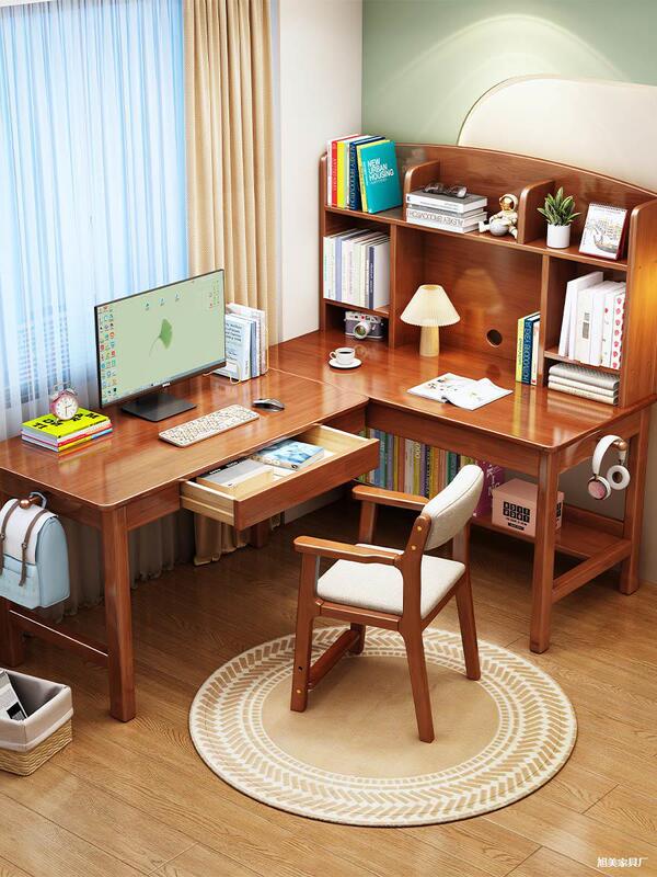 Solid Wood Bedroom Study Table Primary School Student Writing Table Corner L-Shaped Desk Bookshelf Study Desktop Office Computer Table
