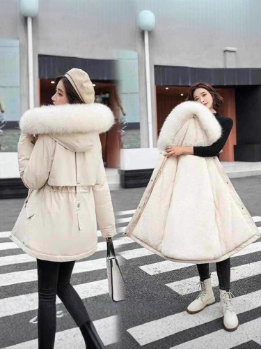 2025 winter European and American style cotton-padded coat, medium-length large fur collar plus velvet cotton-padded jacket, down cotton-padded coat, cotton-padded jacket
