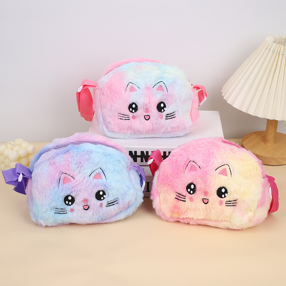 Nuevo cross-border atado teñido creativo ojo grande felino peluche bordado mochila de hombro de dibujos animados para niños lindo bolsa de almacenamiento