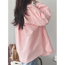 小众甜美嫩粉色纯棉衬衫女内搭叠穿宽松遮肚显瘦长袖衬衣外穿上衣