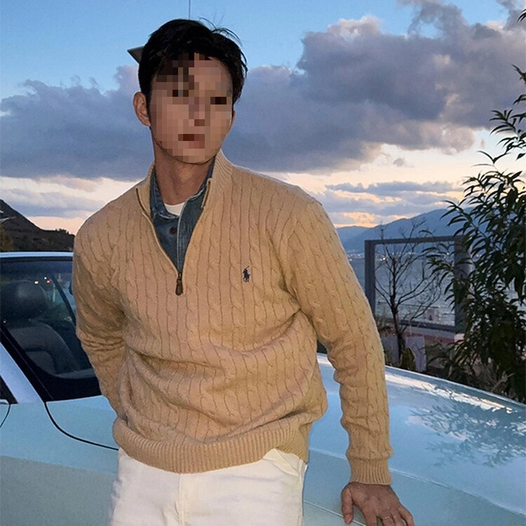 Stand-collar khaki cable-knit jacket with zipper, men's old money style, small horse stripe knit sweater with half-embroidery