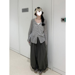 小众复古设计感条纹长袖开衫内搭吊带小上衣女宽松阔腿长裤三件套