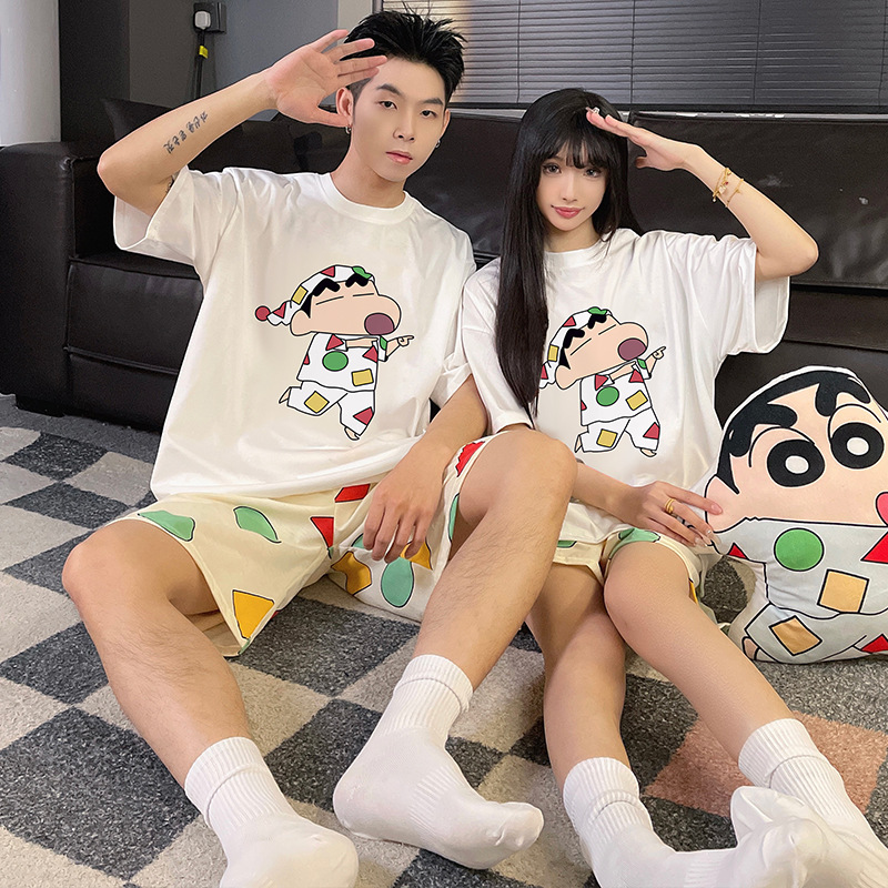 Lápiz japonés pequeño nuevo pijama de pareja mujer algodón de verano manga corta dibujos animados lindos hombres ropa de casa set de verano
