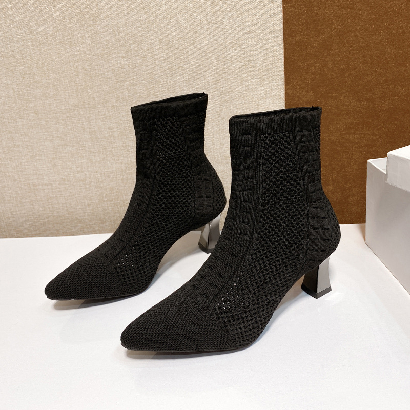 Large size new pointed socks boots women's medium tube thick heel high heels fashion outside elastic boots wool boots_voghion.com