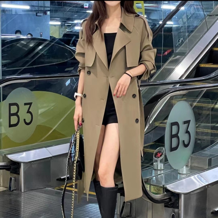 New Over-The-Knee Windbreaker Women's 2025 Spring & Fall Elegant Design British Double-Breasted Mid-Length Loose Jacket