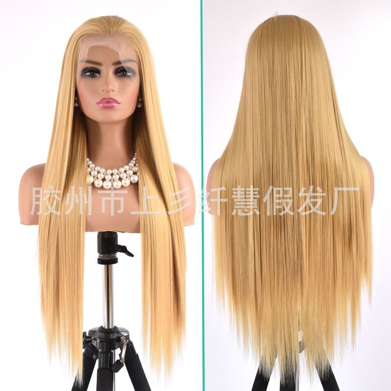 Hand Hook Wig Front Lace Linen Gold Female Long Straight Hair Chemical Fiber Headgear Casual Slit Photo Photography cos Wig