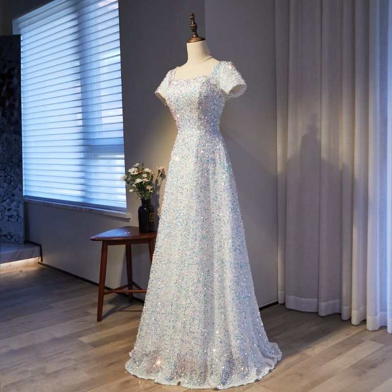White evening dress, square neckline 3