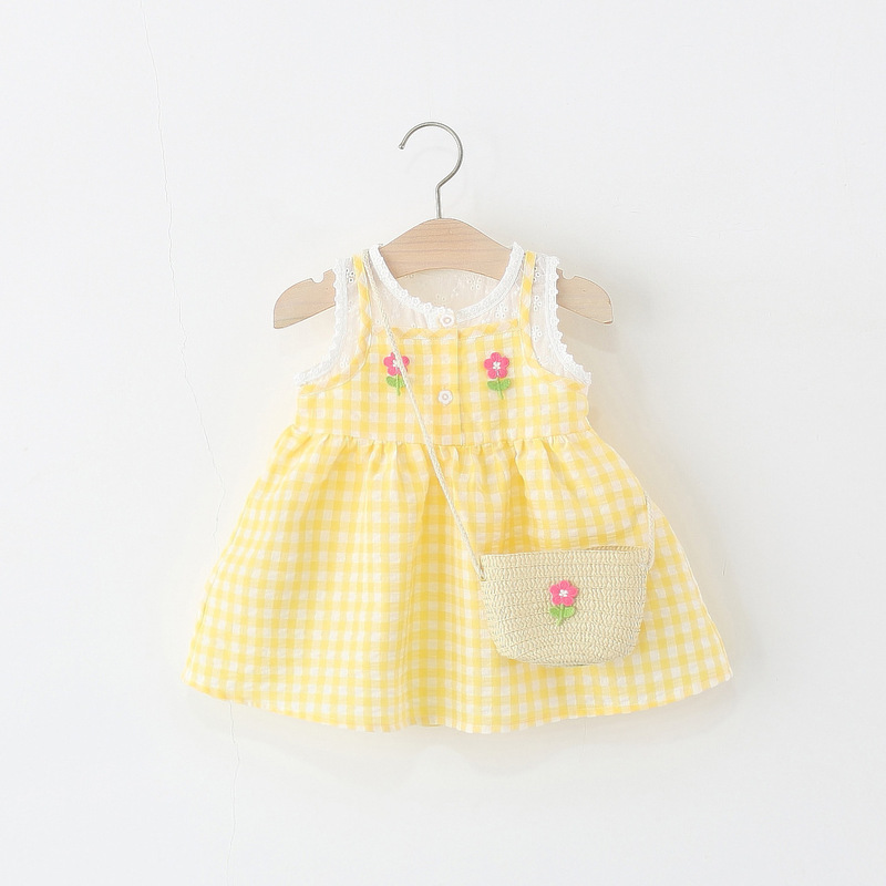 Children's Wear Girls' Sleeveless dress Summer Baby Girl Baby Fake Two-piece Plaid Small Flower Princess Dress Foreign Style