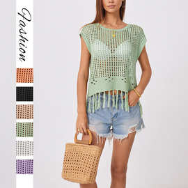 2026跨境夏季亚马逊热卖新款欧美手工流苏宽松圆领镂空女式针织衫