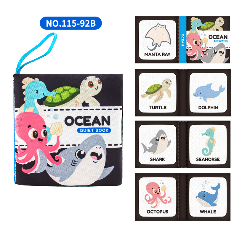 Cuatro libros de tela tridimensionales transfronterizos para bebés juguetes de educación temprana 4 caras 8 páginas en inglés libros de palma de alimentos y cognición animal libros de tela para bebés