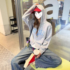 耐看又耐搭设计感灰色字母拉链针织开衫外套女早秋连帽软糯上衣潮