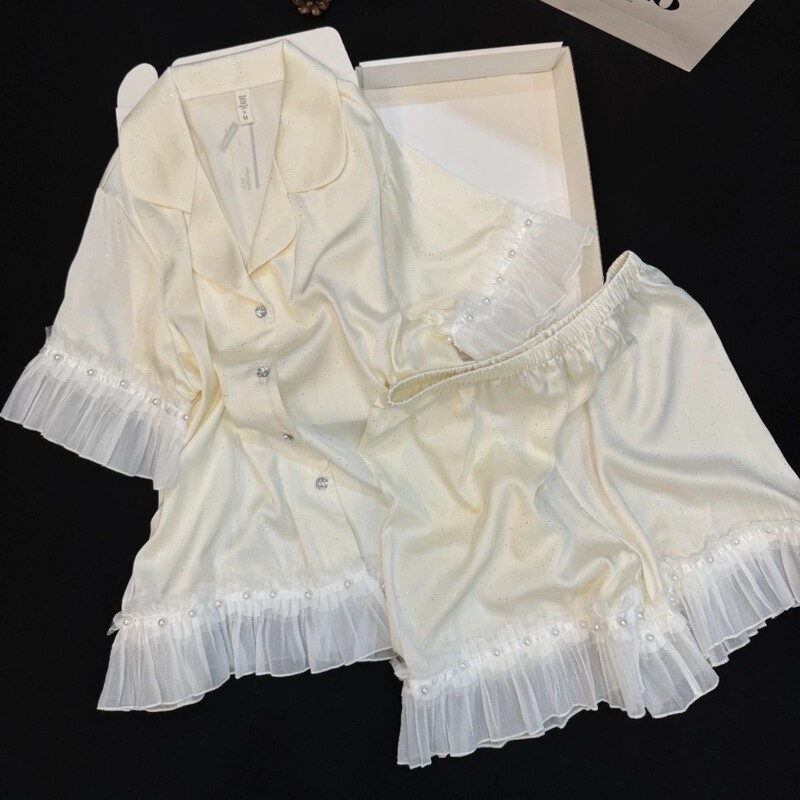 Yase110【Pearlescent】French-Style Pajamas, Summer Ice Silk, Ladylike Style, Pearl Lace, Light Luxury and Elegant Home Wear