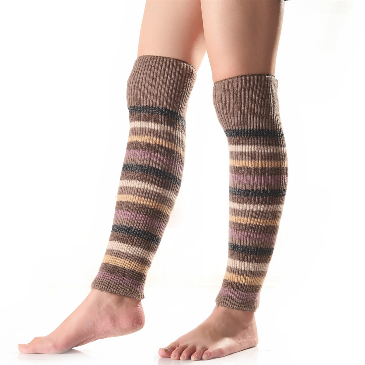 Genouillères pour femmes, nouvelles housses de chaussettes tricotées à rayures horizontales d'automne et d'hiver avec de la laine pour plus de chaleur._voghion.com