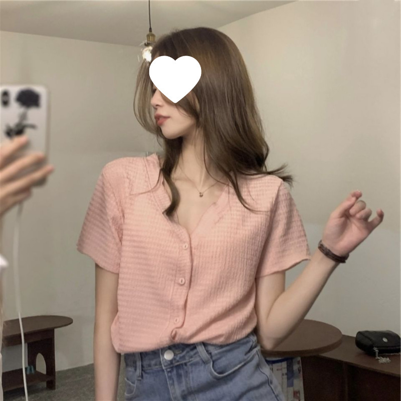 Design-Inspired Niche Shirt for Women, Summer Korean Style, Elegant Pleated V-Neck, Slim-Fit Short Style, Gentle Style Short-Sleeve Top for Women