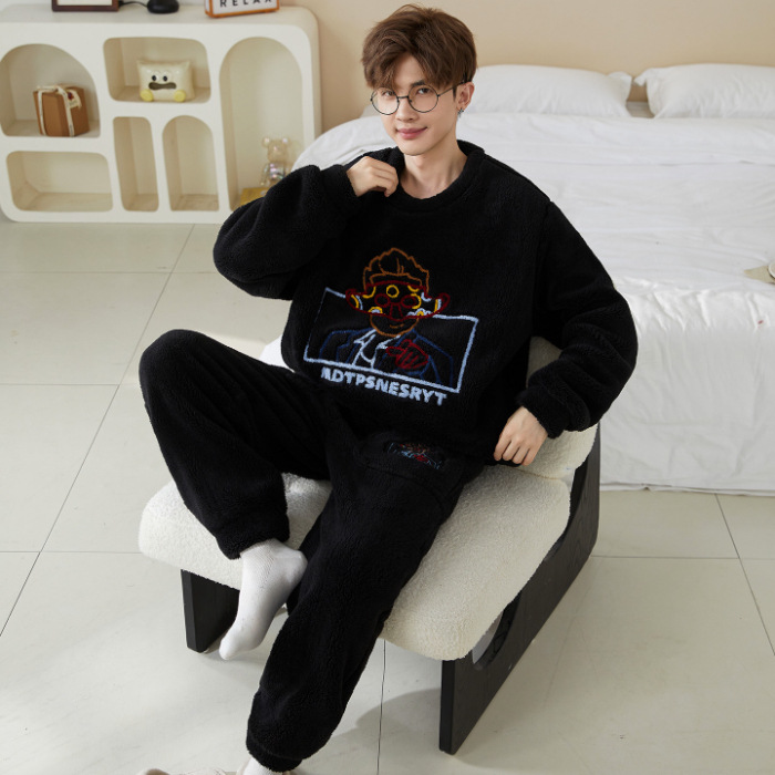 2025 pijamas casuales de coral camisa de dibujos animados juveniles estudiantes de franela para hombres set de ropa de casa