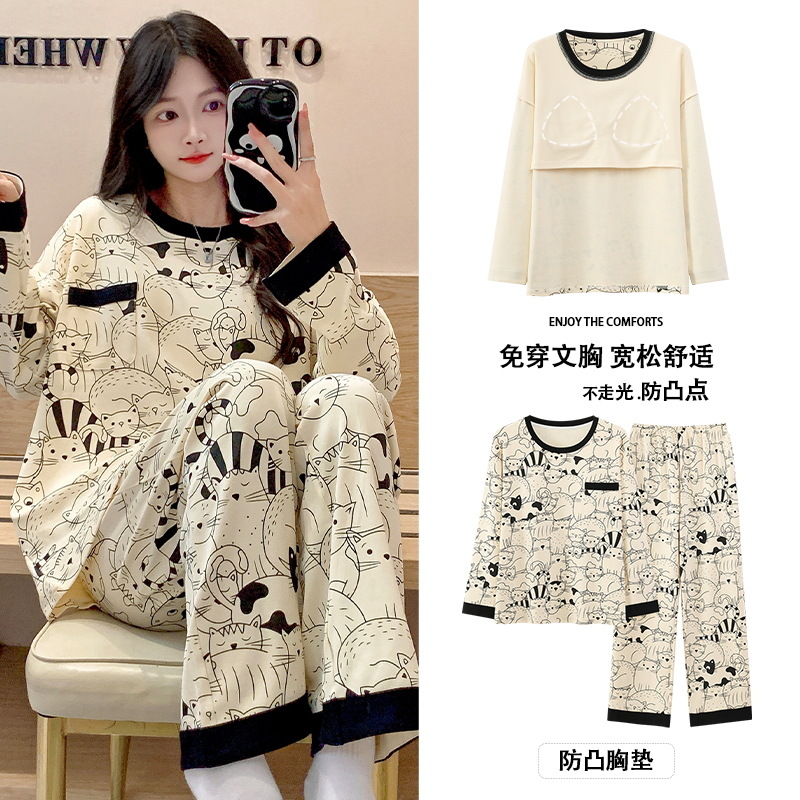 Women's Modesty Long Sleeve and Long Pants Pajama Set with Built-in Bralette and Round Neck - Cute Cartoon Homecoming Suit for Spring and Winter