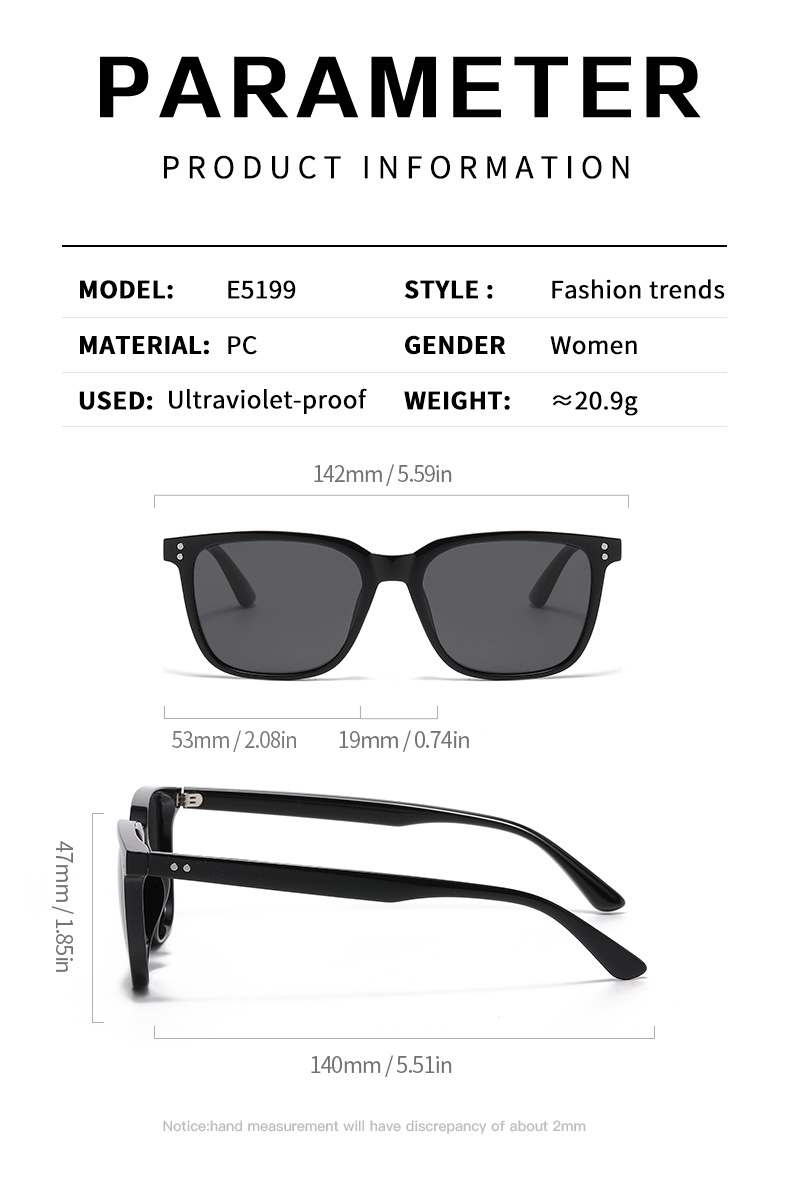 57g Weight Full Frame Glasses Structure Sunglasses Classification Tac, UV400 Protection Lens Material Square Glasses Style Outdoor, Travel Occasion Solid Color Pattern All Seasons Season Unisex Gender Basic, Simple Style Style Basic Simple Style Solid Color Tac UV400 Protection Square Full Frame Women's Sunglasses 10