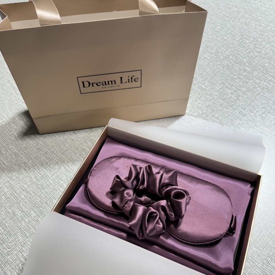 Regalos de alta gama, almohada de seda de alta calidad, cubierta de ojos, anillo de cabello, caja de regalo de seda, 100% seda de morera, conjunto de tres piezas