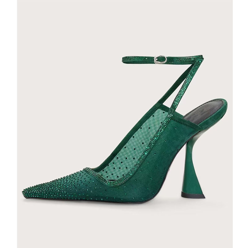 European and American Export Pointed Toe Mesh Hot Diamond High-Heeled Sandals with Empty Back Ankle Straps for Women Spring and Summer Rhinestone Special-Shaped Heels European and American Export Pointed Toe Mesh Hot Diamond High-Heeled Sandals with Empty Back Ankle Straps for Women Spring and Summer Rhinestone Special-Shaped Heels