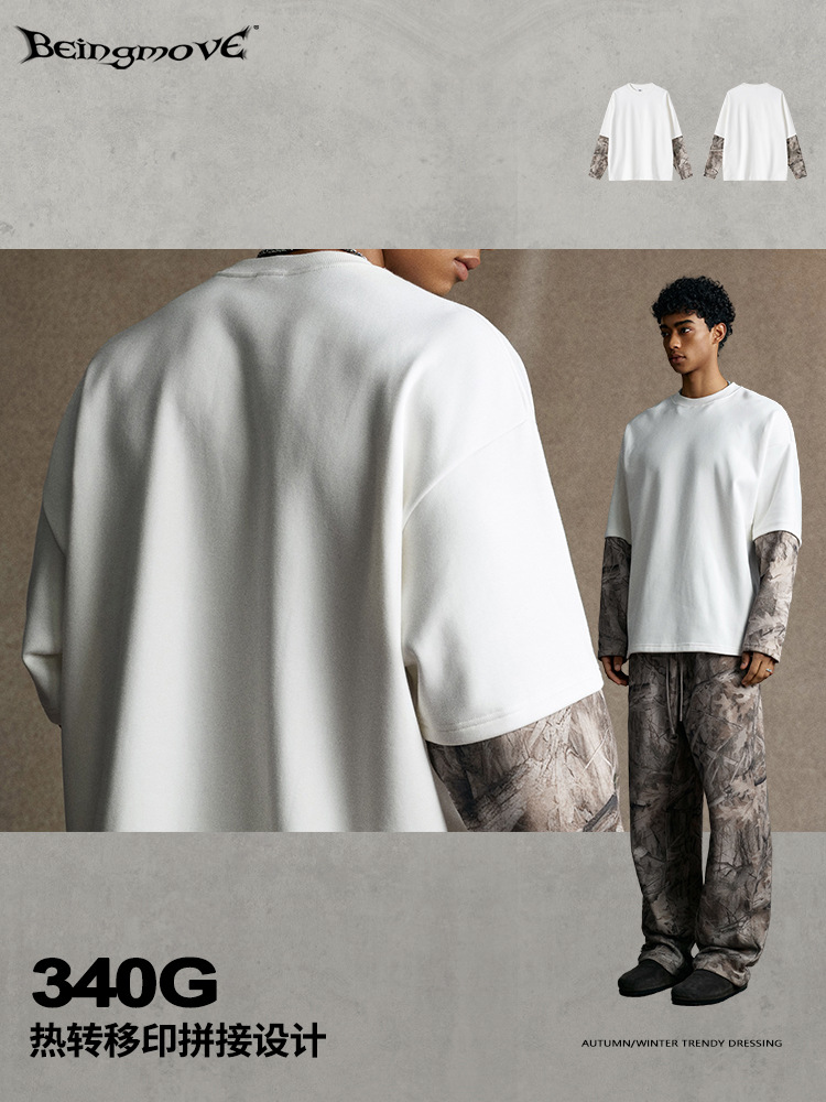 Calle secada| Retro americano falso de dos piezas camuflado hip-hop camiseta adolescente plegable con base de manga larga camiseta de moda masculina