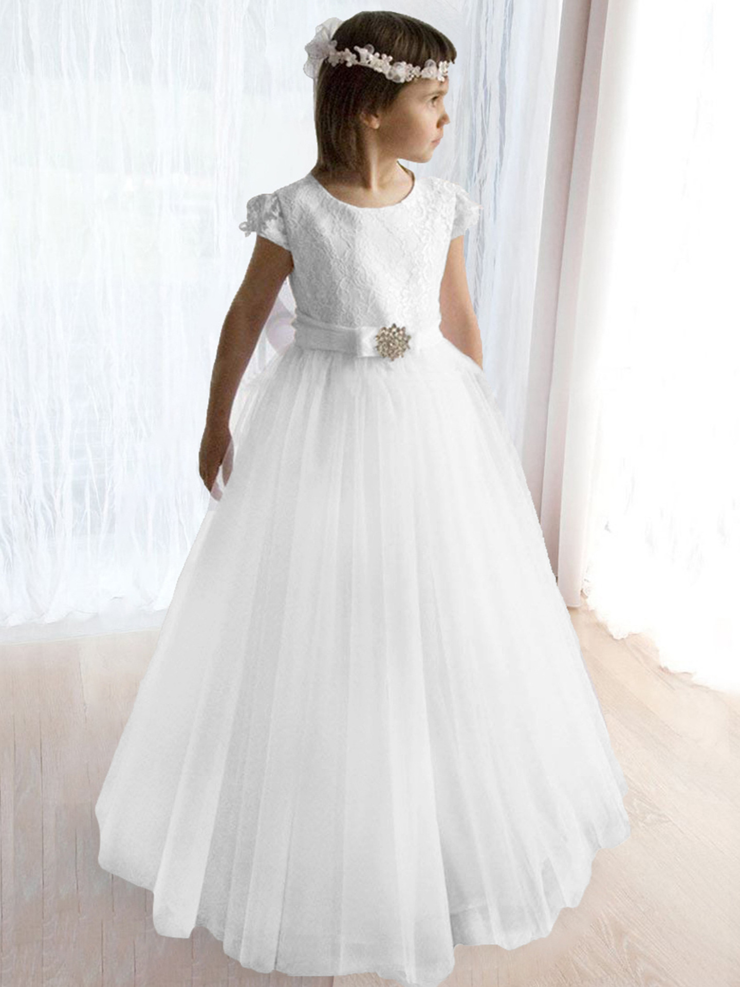 Comercio exterior transfronterizo europeo y americano vestido infantil de mangas cortas de encaje vestido de novia princesa de cumpleaños niña vestido largo