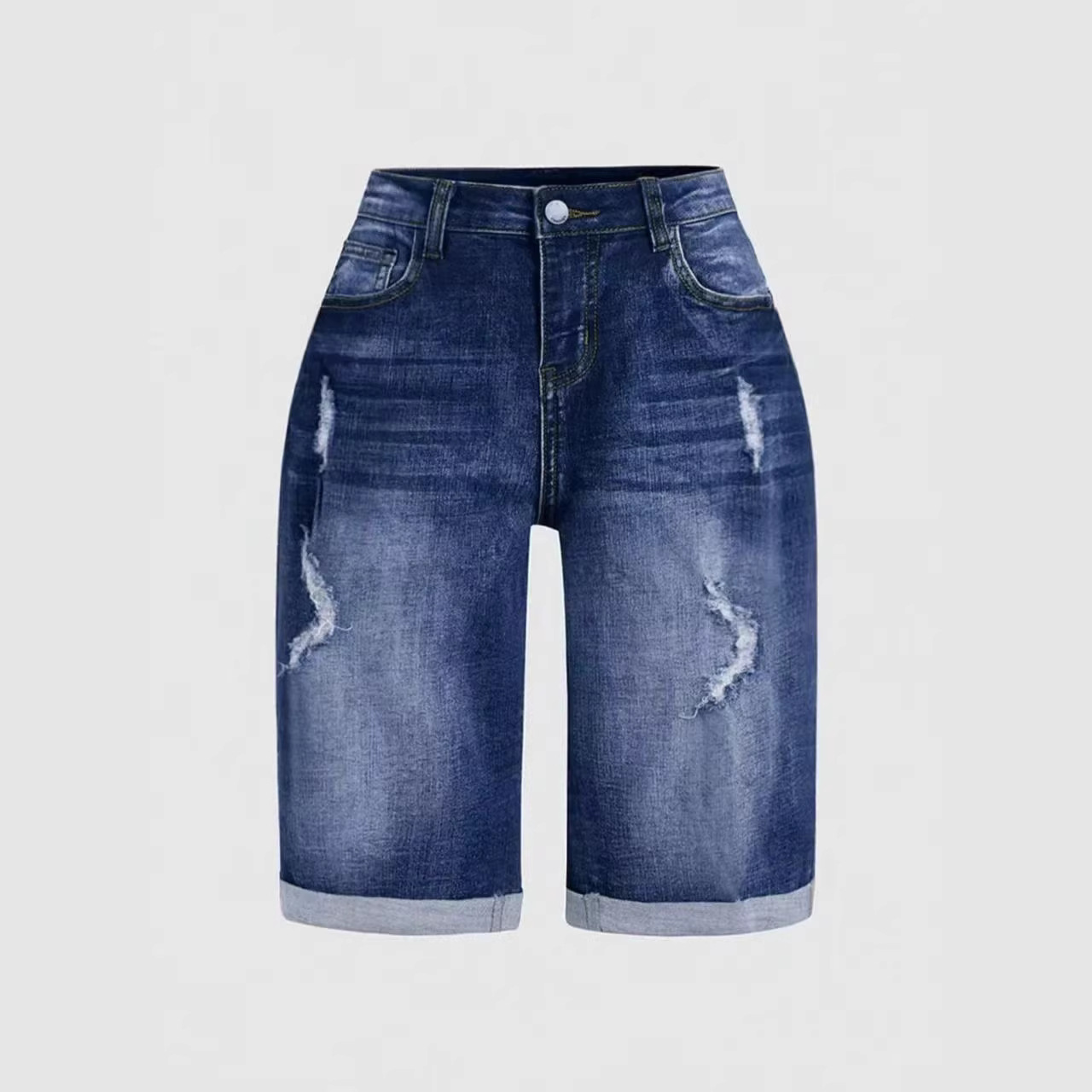 Jeans Capri con Roturas para Mujer, Mezclilla de Algodón y Poliéster, Ligeramente Elástico, Retro, para Uso Diario