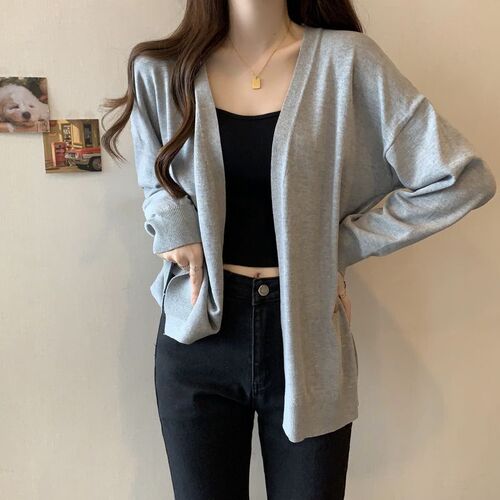 Retro chic, effortless loose thin long-sleeved knit sweater, slimming sun protection jacket, shawl-style outerwear, layering air conditioning shirt