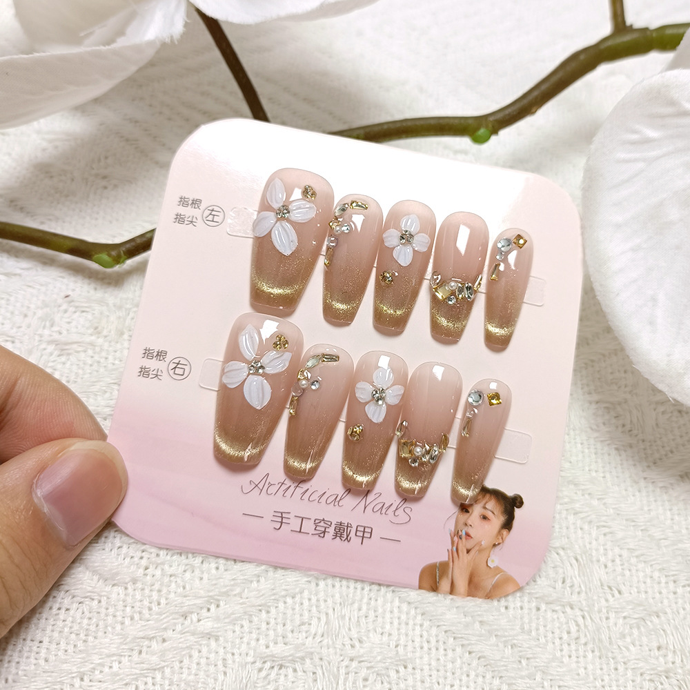 Uñas postizas francesas con efecto ojo de gato, diseño de flor blanca con diamantes brillantes, estilo 3D, hechas a mano, juego de 10 piezas de tamaños variados, pegatinas para uñas