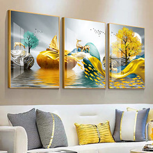 现代简约客厅沙发背景墙三联画装饰画新中式大气壁画晶瓷山水挂画