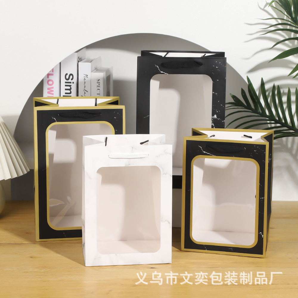 礼品手提袋时尚开窗透明大理石纹手提袋礼品包装袋母亲节礼品袋