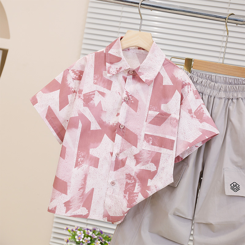 7257 Traje de verano para niños 2025 Nuevo estilo Camisa de manga corta de verano para niños Traje de dos piezas Estilo occidental Ropa de verano Tendencia