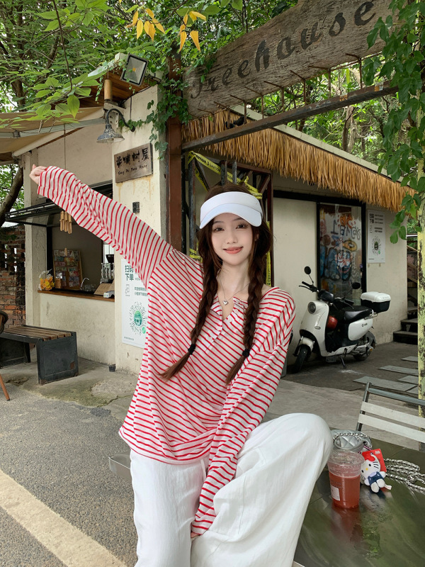 轻薄慵懒撞色条纹长袖T恤女装秋季小众百搭宽松休闲垂感防晒上衣|undefined