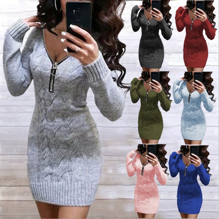 2025 New Foreign Trade Women's Aliexpress Sweater European and American Knitted Sweater Mid-Length Zipper V-Neck Jacket Dress
