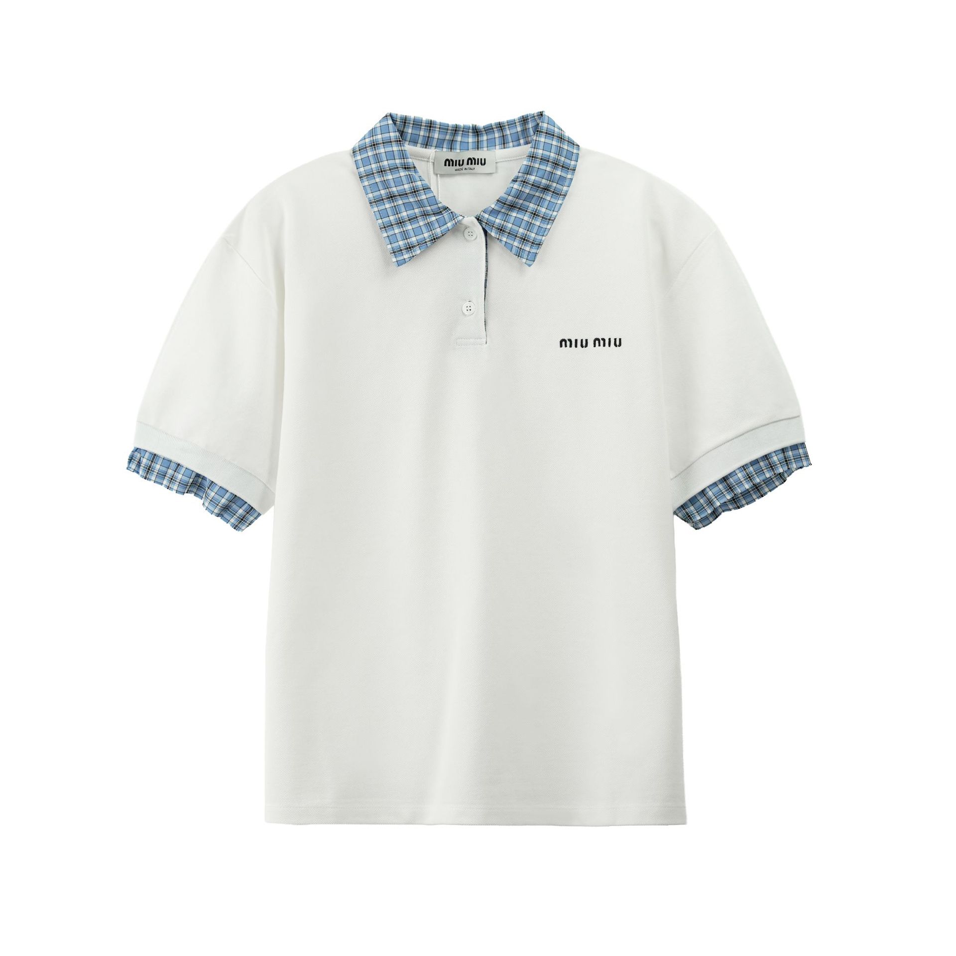 MM Dark Blue Patchwork Shirt with Polo Collar, Faux Two-Piece Design, Embroidered Logo Letters, 2026 Summer Loose Short-Sleeve T-Shirt for Women