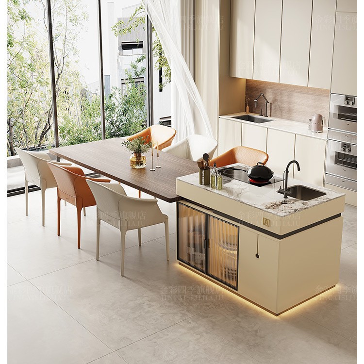 Mesas de madera de alta gama, mesa de comedor, placa de roca retráctil integrada, cocina de inducción con función de fregadero, piso plano de la villa de almacenamiento