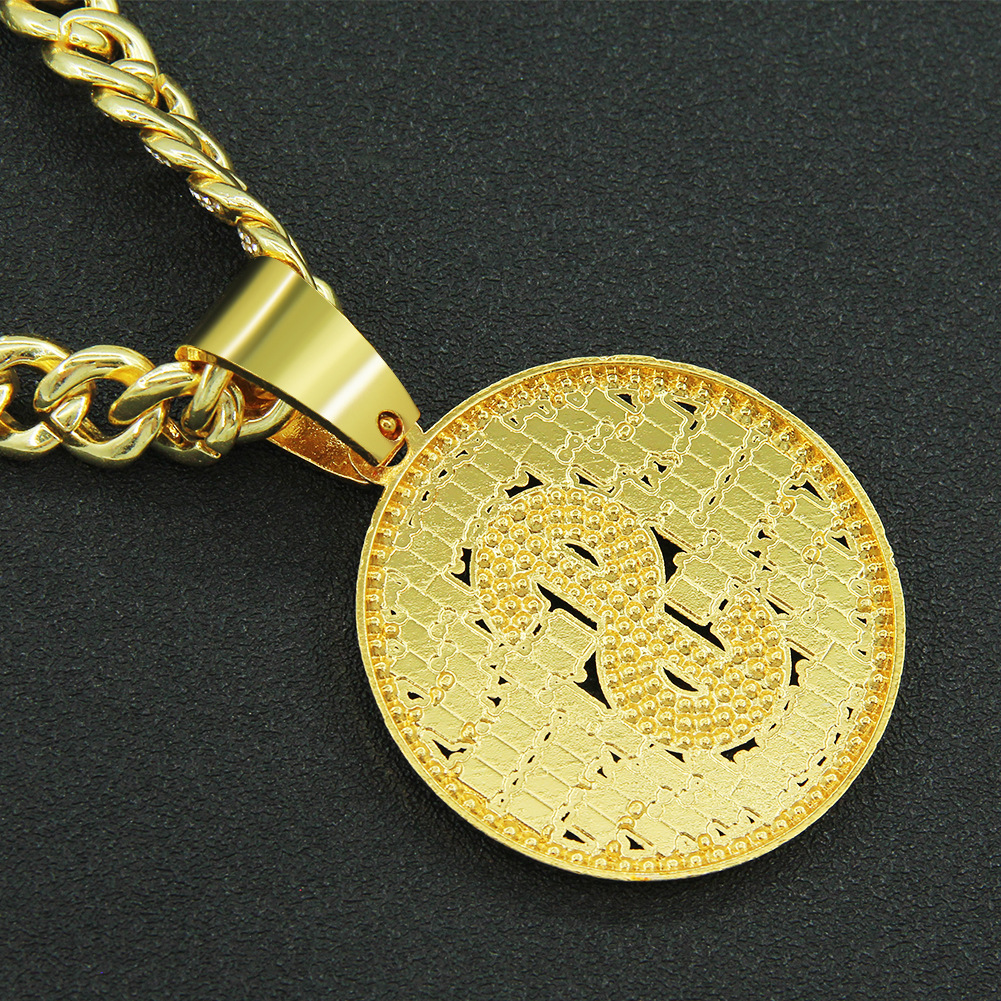 Alloy Material European Hip Hop Full Diamond Dollar Round Brand Hollow Pendant Cuban Link Chain Necklace Men's Cool Domineering Exaggerated Accessories