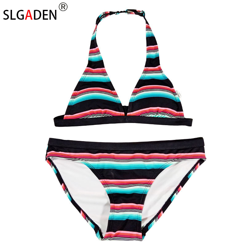 泳衣分體兒童泡溫泉遊泳衣女童比基尼兩件套2021新款條紋有胸墊