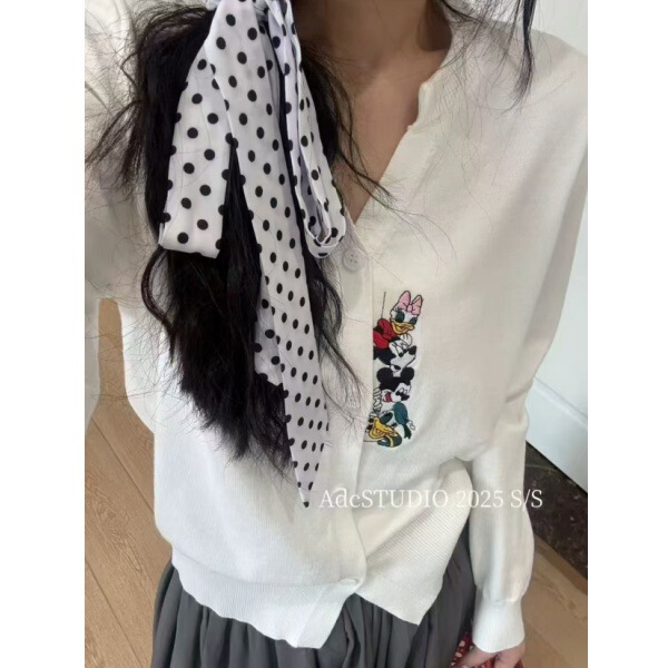ミッキー刺繍ニットカーディガン女性のための 2025 秋の新韓国スタイルルーズスリム多用途セータージャケットトップトレンディ|undefined